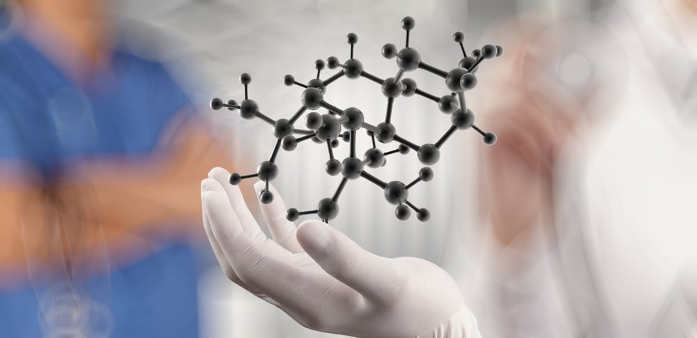 scientist doctor hand holds virtual molecular structure in the lab as concept