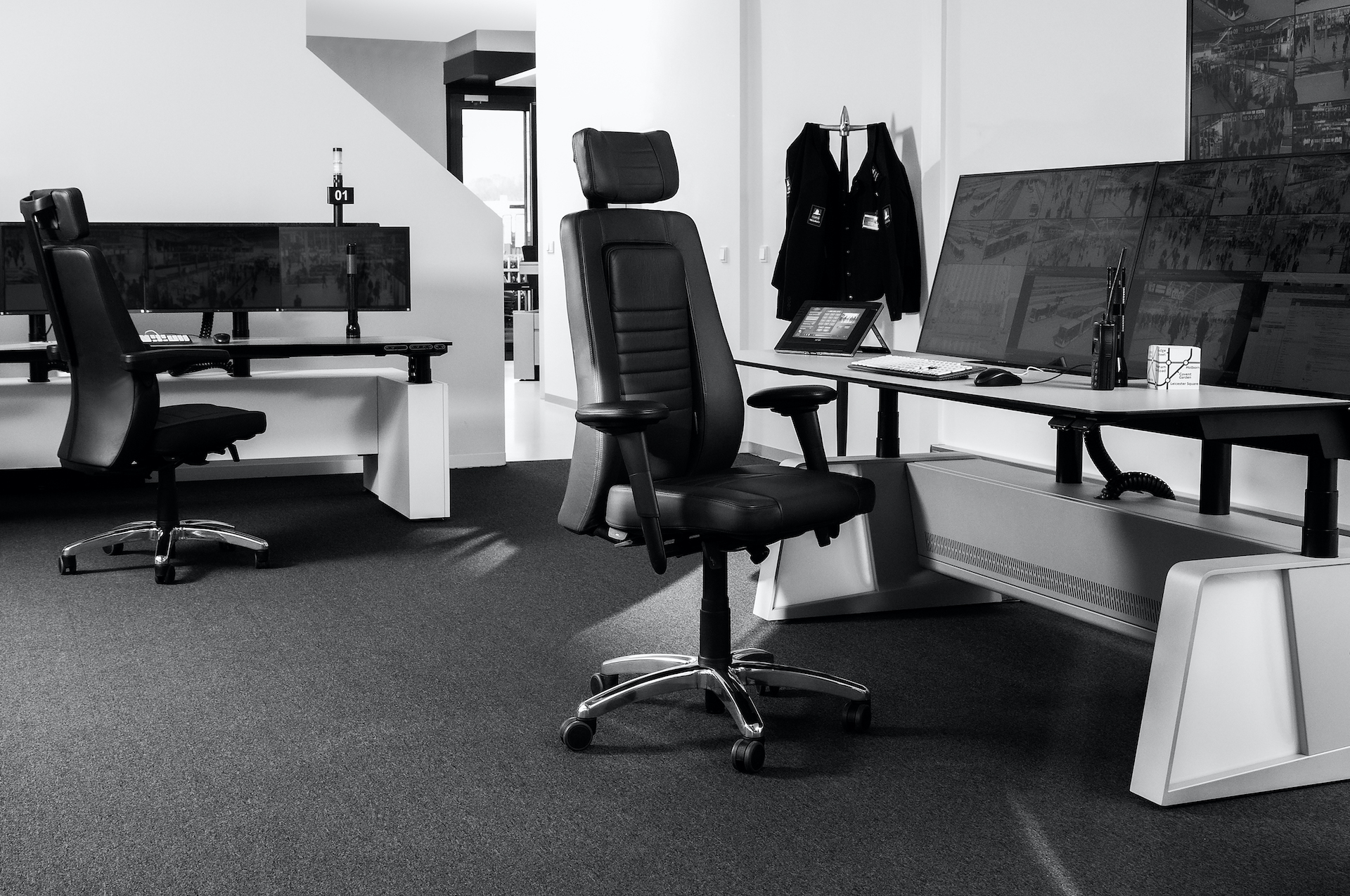 Two RH Focus 24/7 chairs in front of monitoring and surveillance work stations